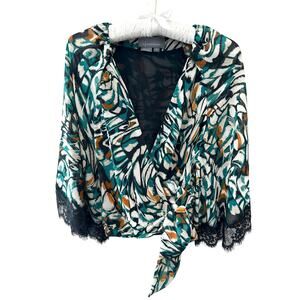 ANTHROPOLOGIE | Black Teal Wrap Blouse Green Abstract Print Lace Trim | Small